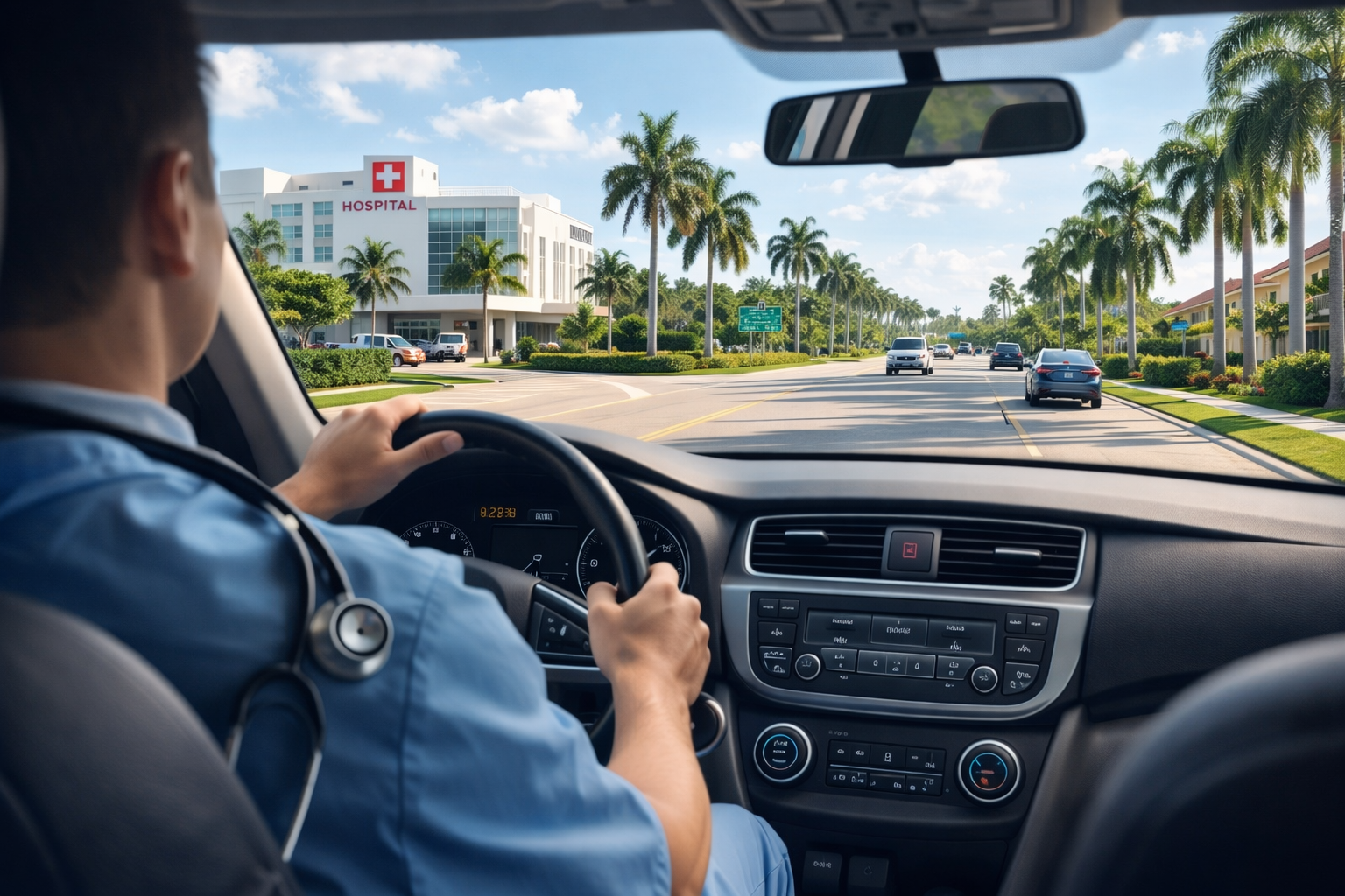 healthcare professional driving to work in palm beach county considering commute distance and housing location
