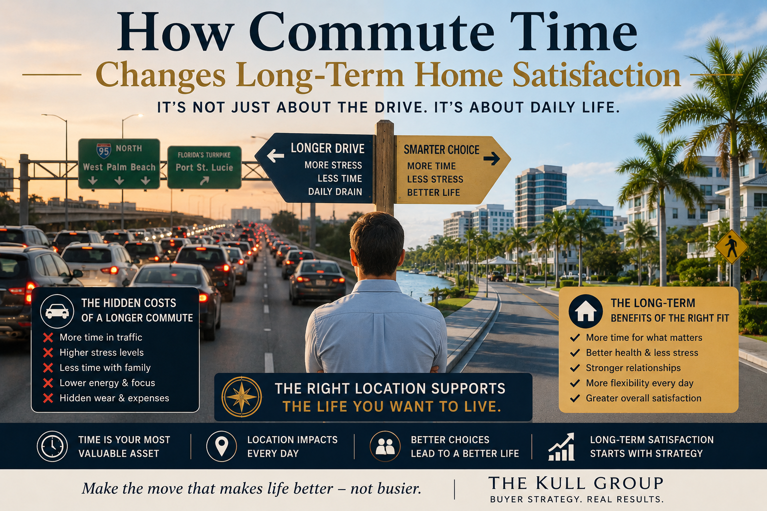 Visual representation of how commute time affects long-term home satisfaction, lifestyle balance, stress levels, and ownership fit in Palm Beach County.