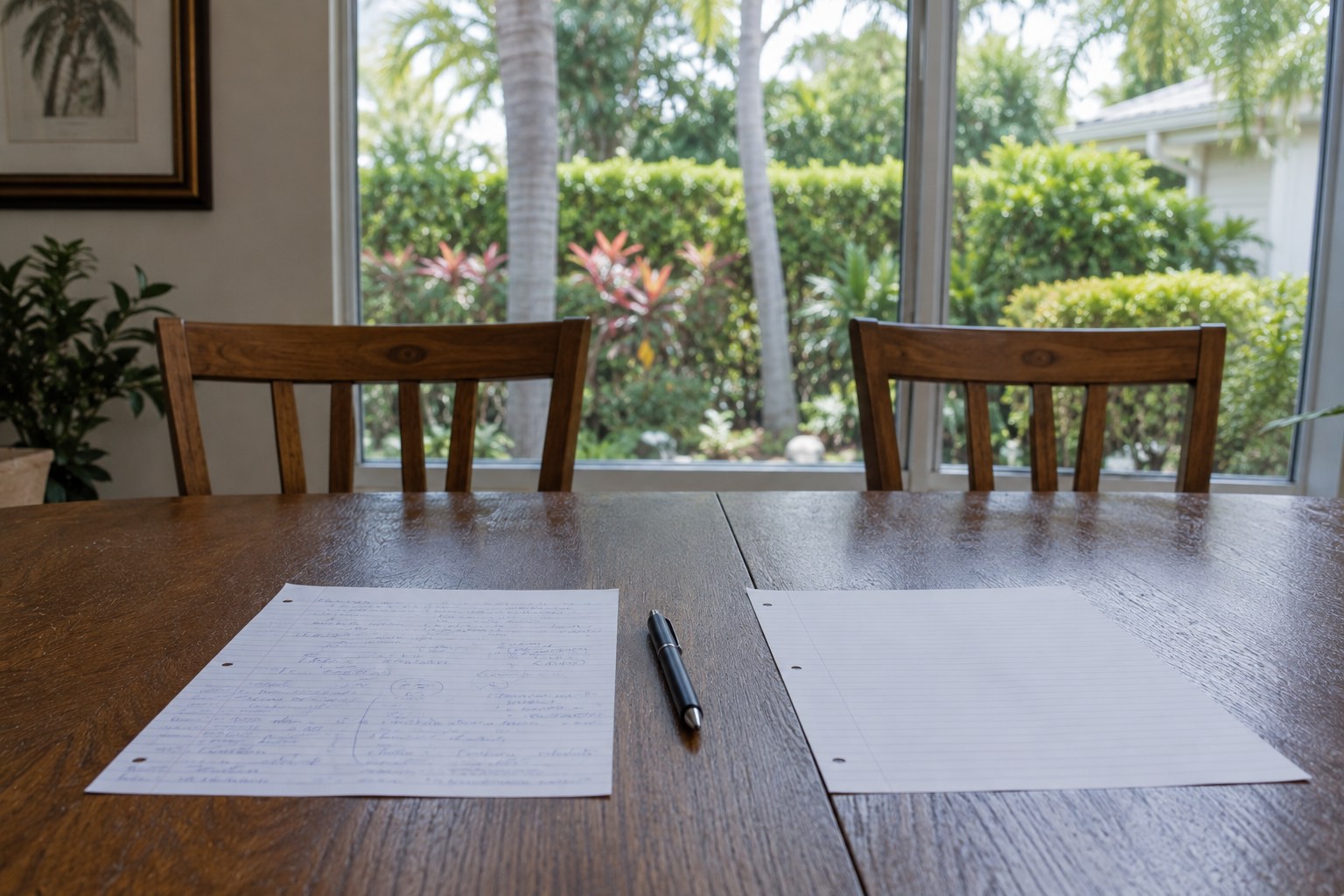 Two sheets of paper on a dining table in a Palm Beach County, Florida home, one densely written and the other nearly empty. The scene accompanies an article on comparing keeping a property against moving on the same terms, the seven lines that belong on both sides of the comparison, and the ones usually left off the stay side.