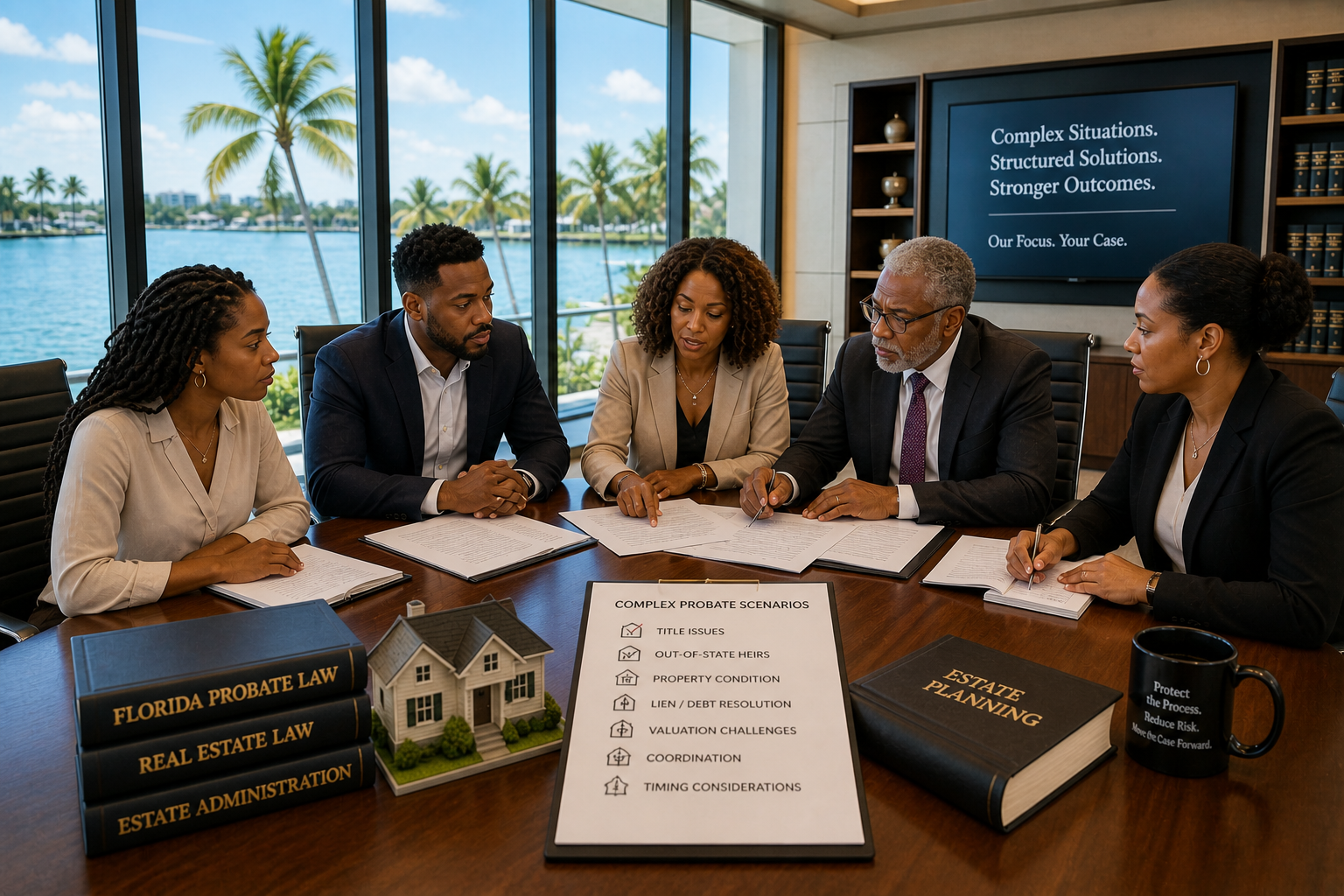 complex probate property discussion with legal documents and house model in a large professional office setting for florida attorneys