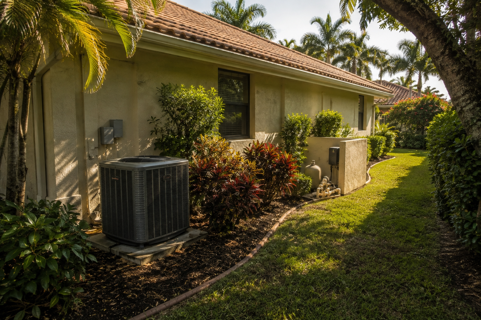 Side view of an established Palm Beach County home showing roof, mechanical equipment and landscaping, supporting a blog on assembling the complete carrying figure and identifying which components accelerate.