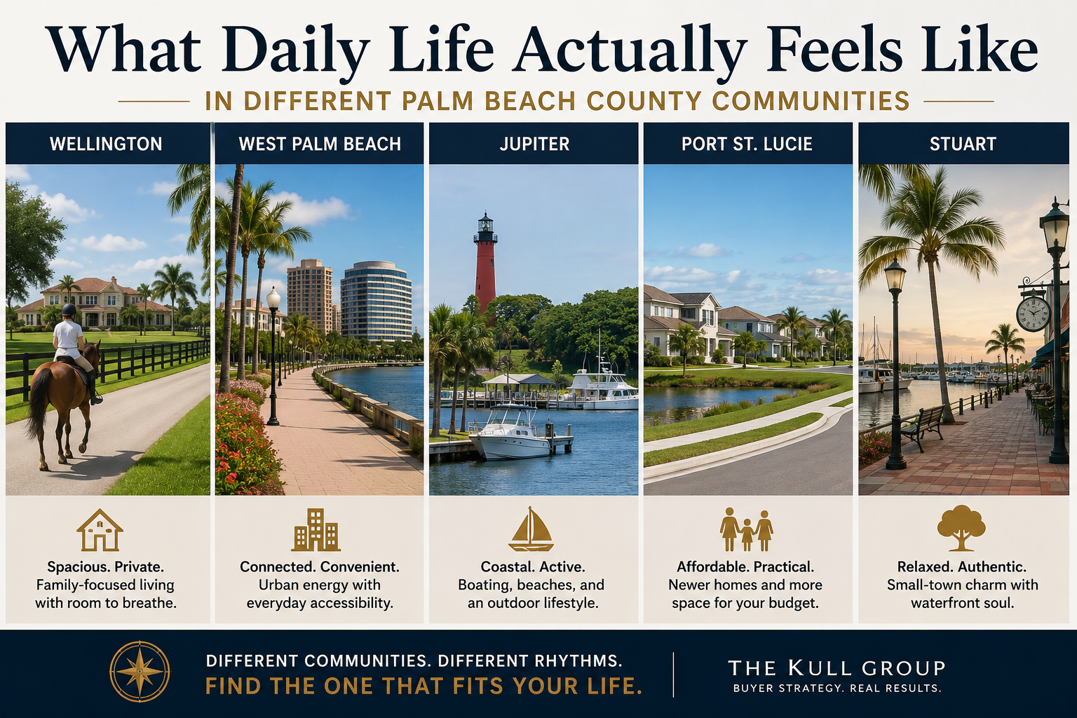 Comparison of different Palm Beach County community lifestyles including Wellington, West Palm Beach, Jupiter, Port St. Lucie, and Stuart to help buyers understand ownership and lifestyle fit.