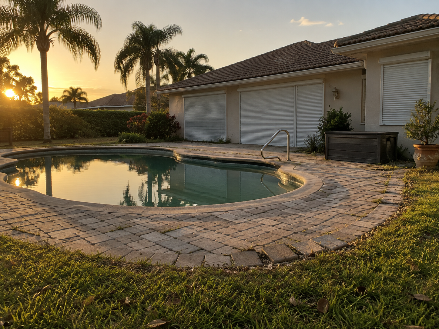 A late-afternoon residential backyard in Wellington, Florida, showing an aging pool deck with lifted pavers, closed hurricane shutters, and long shadows across an untended yard. The scene reflects the quiet accumulation of deferred maintenance common in Palm Beach County homeowner transitions — a property that is owned but no longer fully inhabited in spirit. Captured in the soft golden light characteristic of South Florida's late afternoon, the image conveys ownership fatigue without distress