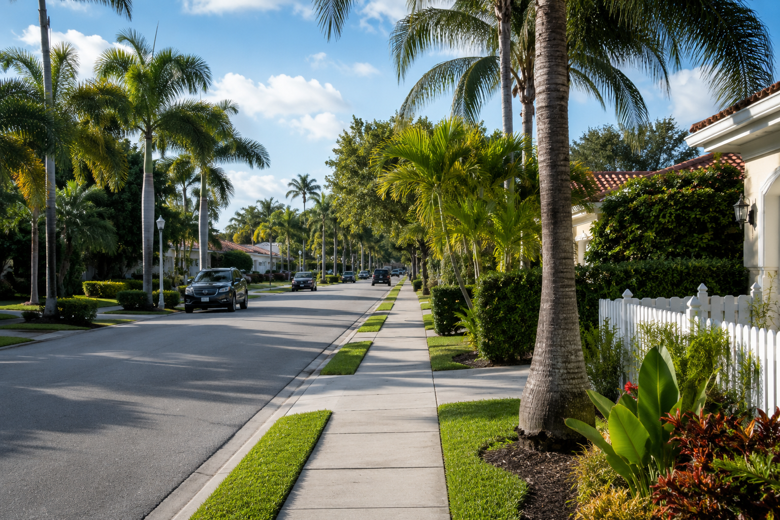 Palm-lined residential street in Delray Beach with sidewalks, tropical landscaping, and well-kept South Florida homes in daylight
