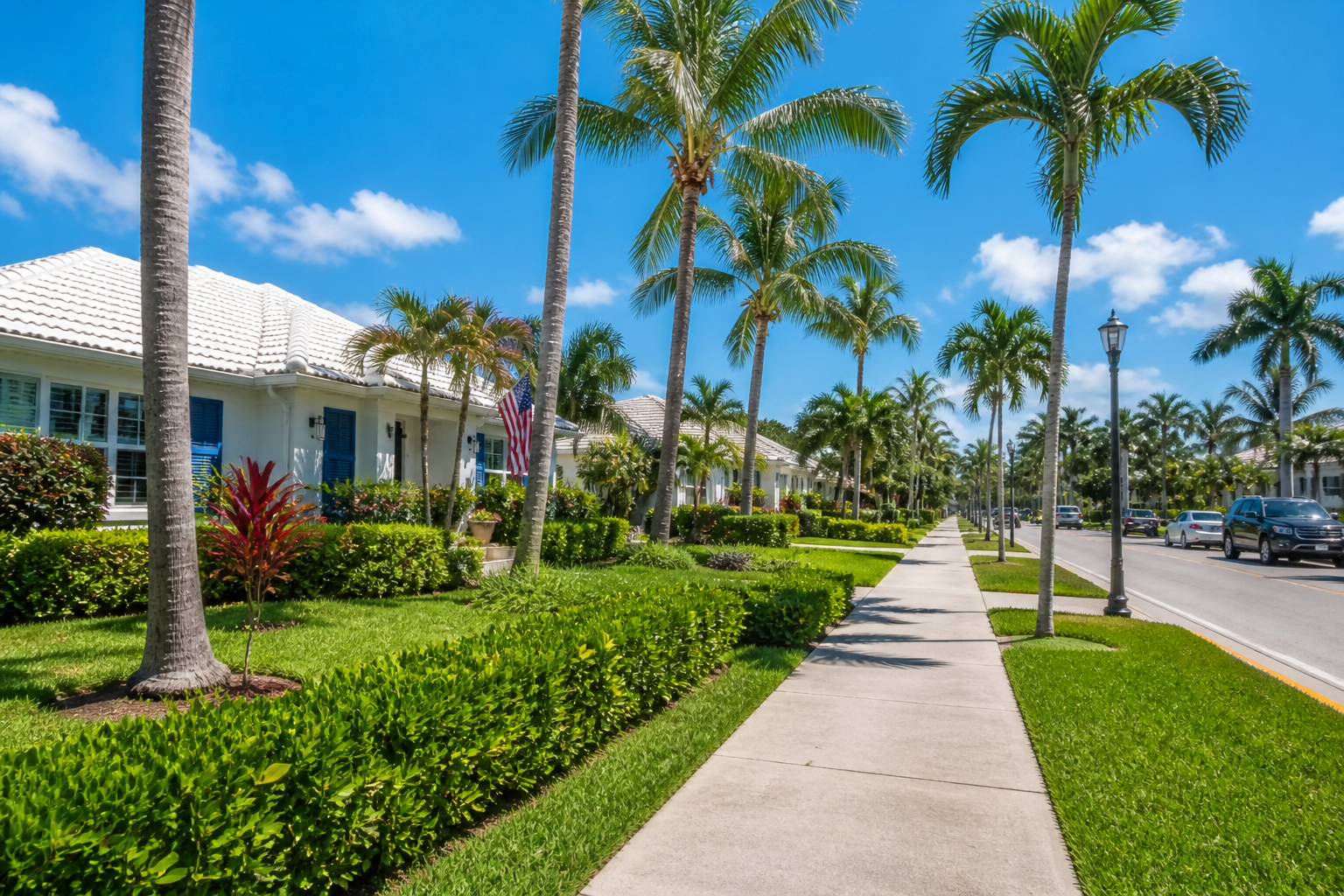 Delray Beach Florida residential neighborhood with palm trees and homes showing what it is like to live in Delray Beach FL lifestyle