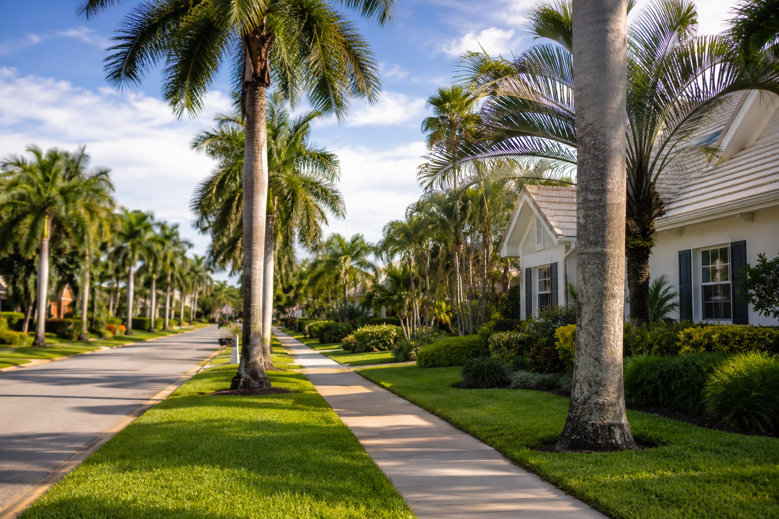 Photorealistic residential neighborhood scene representing everyday life in Delray Beach, Florida. The image features mature royal palms, attractive single-family homes, landscaped yards, pedestrian-friendly sidewalks, and the relaxed residential atmosphere commonly found throughout Palm Beach County.