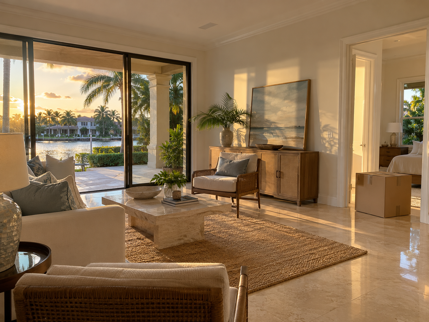 A photorealistic South Florida interior scene showing a living room in quiet transition — furniture partially moved, a single moving box near the doorway, late afternoon light casting long shadows across the floor. The image represents the real-world moment many Palm Beach County homeowners face when navigating a divorce home sale, where financial decisions are being made inside an emotionally complex and logistically demanding process. Captured in West Palm Beach, Florida.