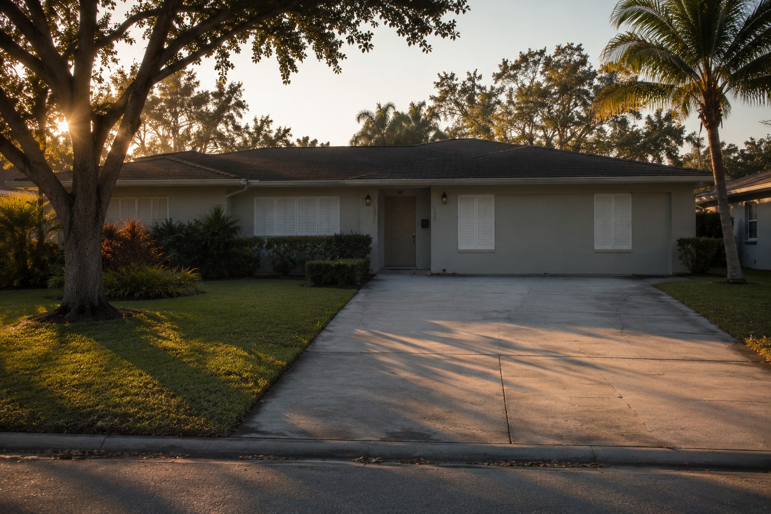A quiet residential property in West Palm Beach, Florida photographed at late afternoon, with closed shutters and an empty driveway suggesting transition and unresolved decision-making. The image supports content about what to expect from the home sale process during a Florida divorce, with visual cues of suspension and stillness that reflect the emotional weight these homeowner transitions carry in Palm Beach County.