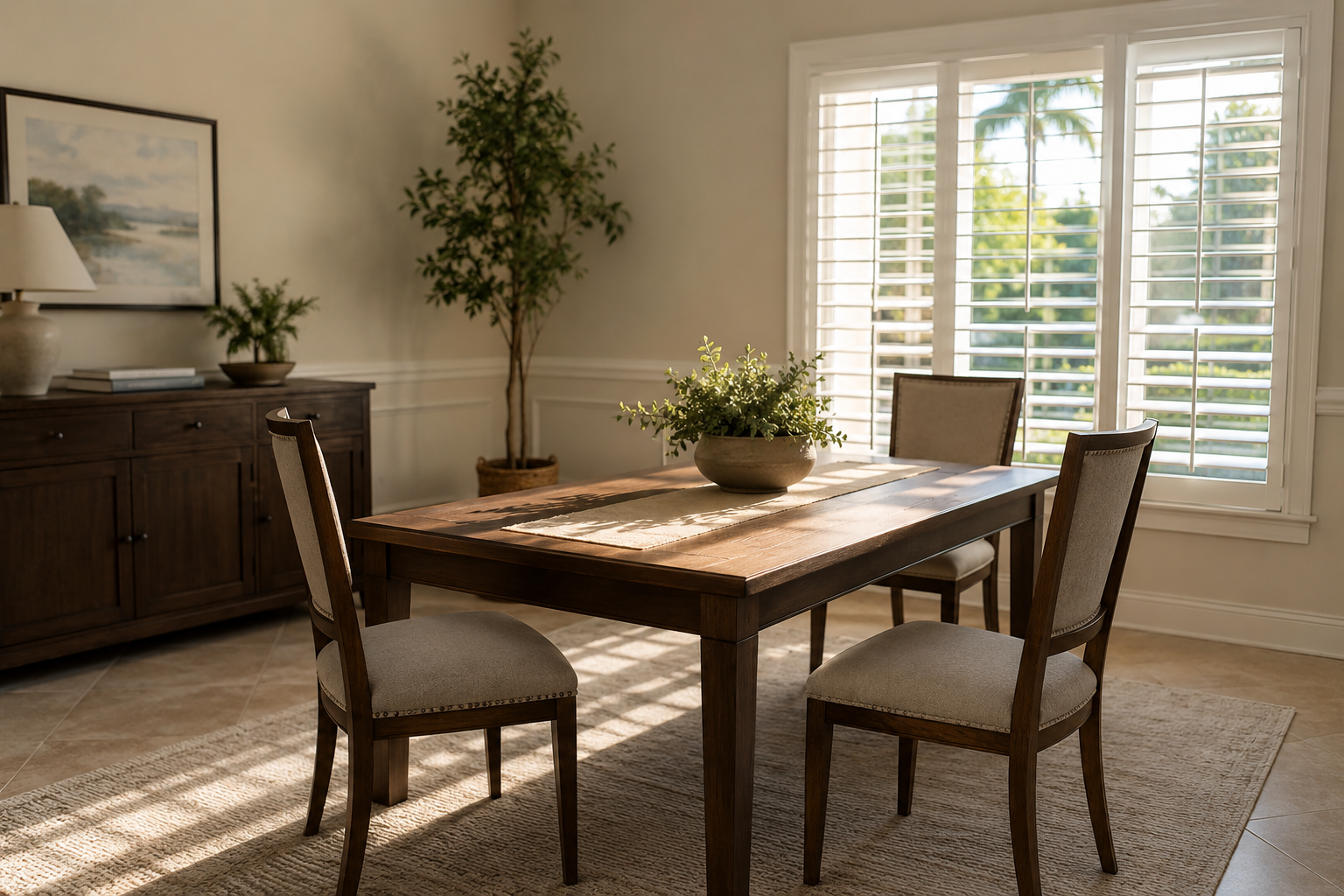 A sunlit interior of a West Palm Beach residential home, photographed during the late afternoon with soft light filtering through plantation shutters across an empty dining room table. The scene reflects the quiet stillness of a home in transition — relevant to Palm Beach County homeowners navigating the real estate process during a Florida divorce. The composition emphasizes the emotional weight of a shared space awaiting resolution, supporting content about how the home sale process works when both parties have legal standing.