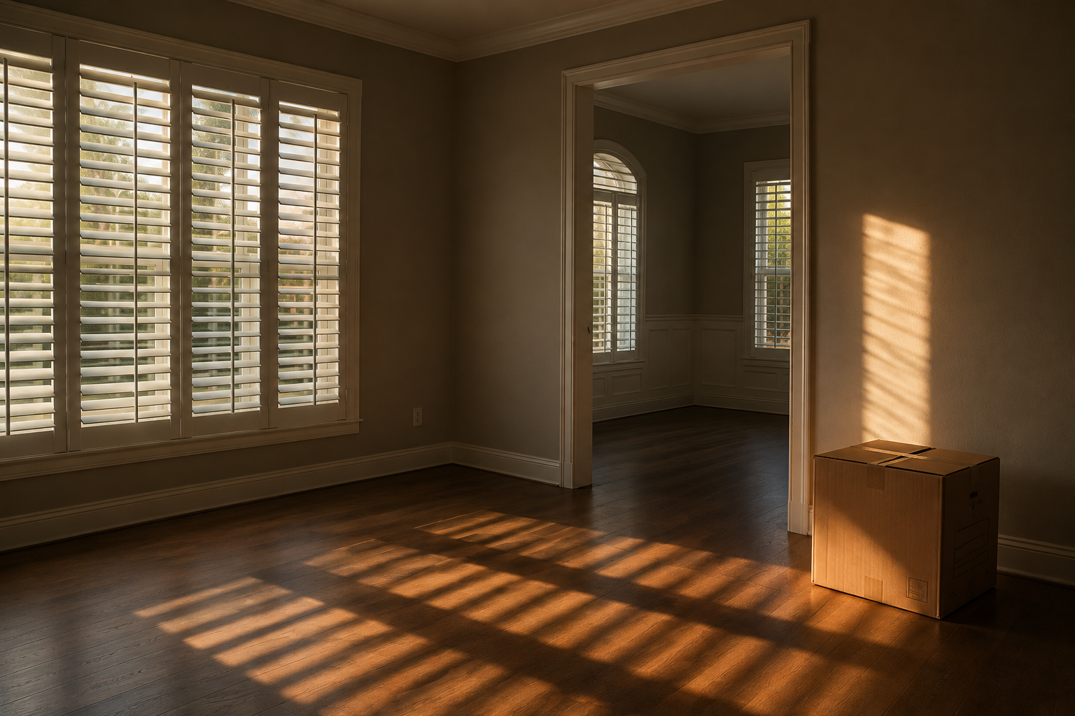 A vacant interior space in Palm Beach Gardens, Florida, where late afternoon light filters through closed plantation shutters and falls across bare floors — a single cardboard box in the corner signals a transition already in motion but not yet resolved. The image accompanies content about the agent selection decision in divorce real estate cases and its downstream effects on legal and transaction outcomes. Shot in Palm Beach Gardens, FL, at coordinates 26.7153, -80.0534.
