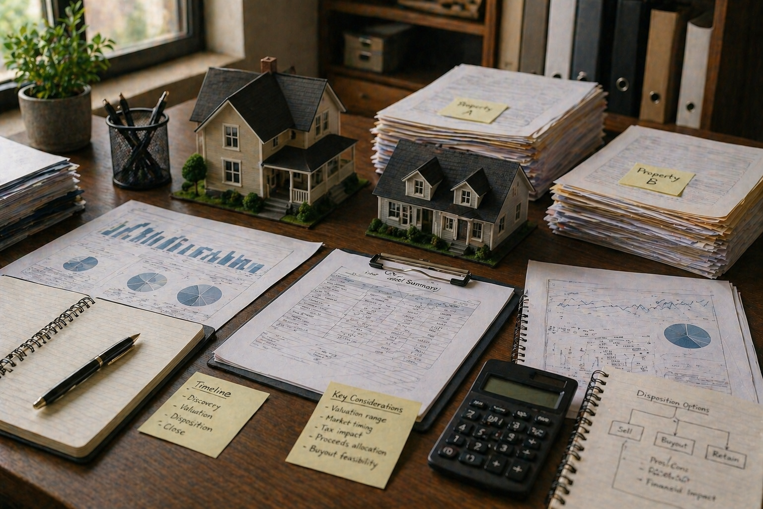 Professional office scene with multiple documents, house models, and planning elements representing complex real estate coordination and decision-making in a Florida divorce case