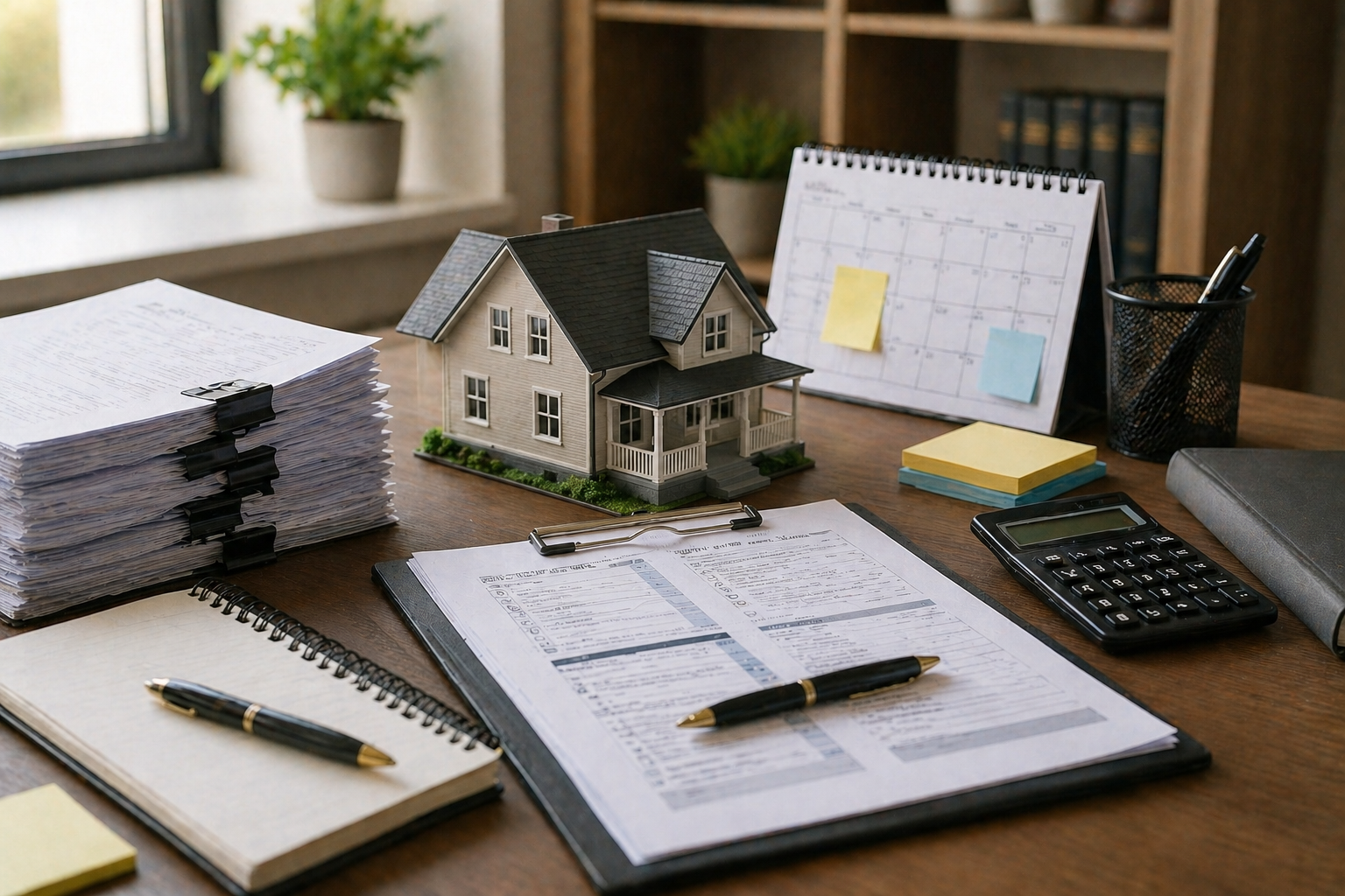 Organized office scene with documents, house model, and planning elements representing coordination, communication, and execution in a Florida divorce real estate case