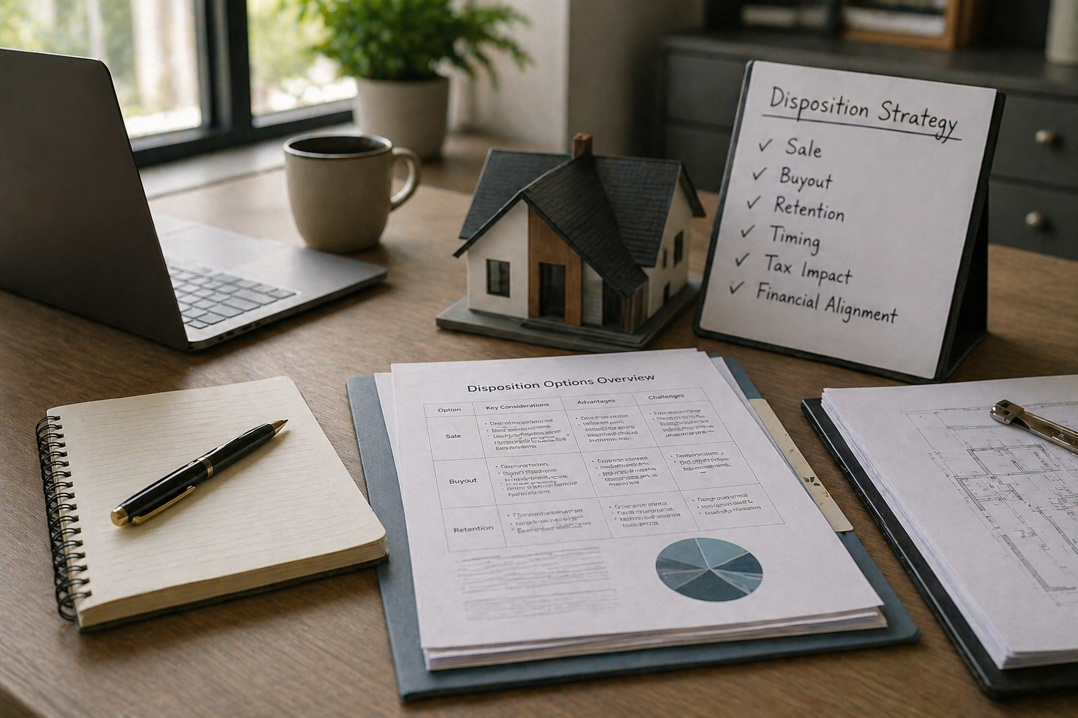 Professional office scene with documents, house model, and decision planning elements representing property disposition strategy in a Florida divorce case