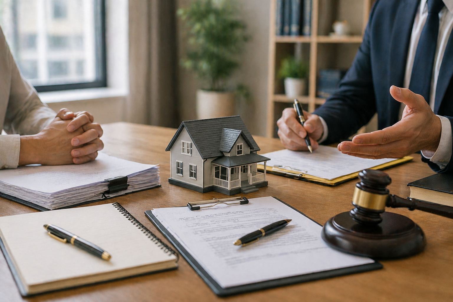 Professional office setting showing real estate documents and legal elements representing dispute resolution and coordination in a Florida divorce case