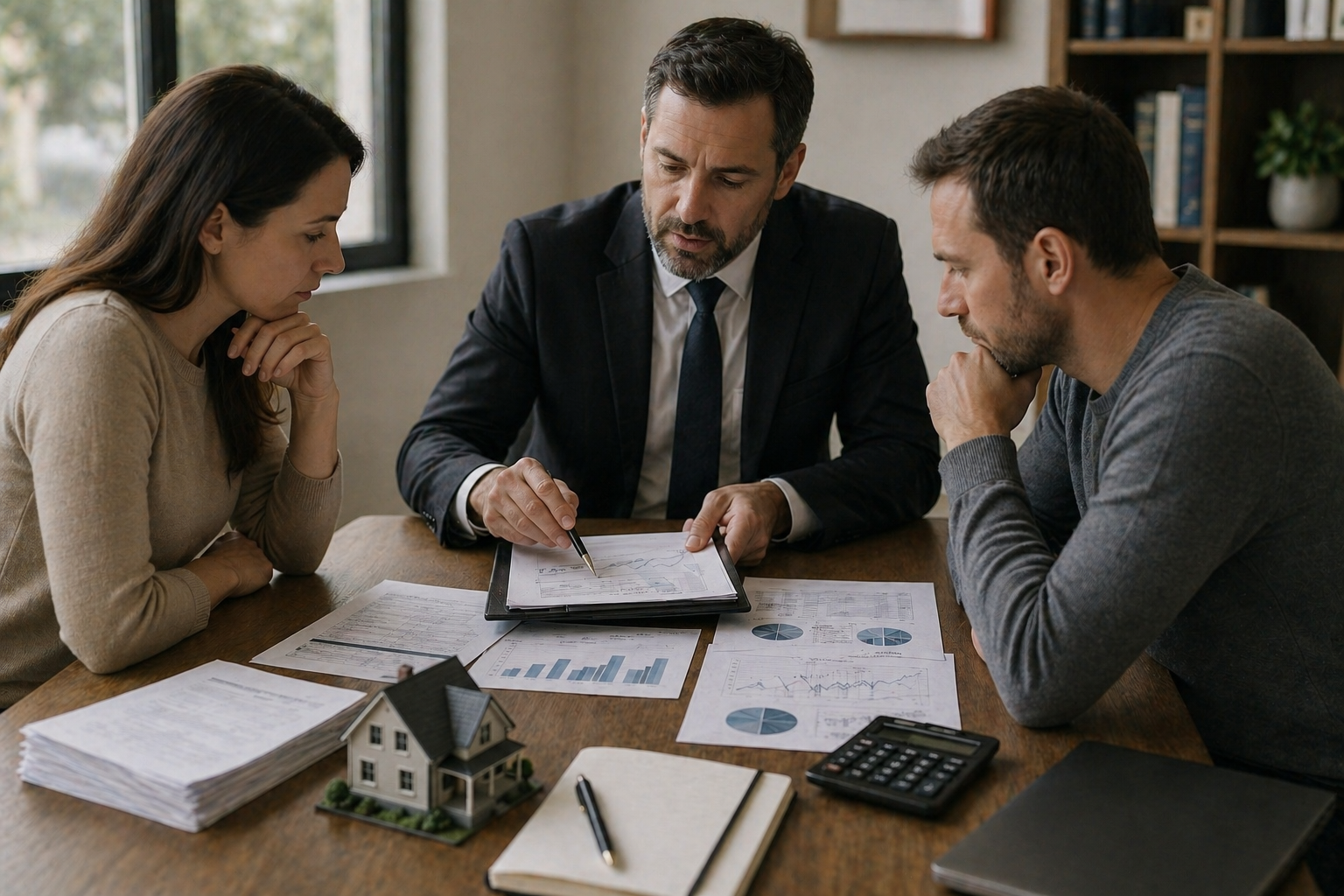 A structured workspace showing real estate documents, a house model, and analytical planning elements illustrating risk identification and management in divorce real estate.