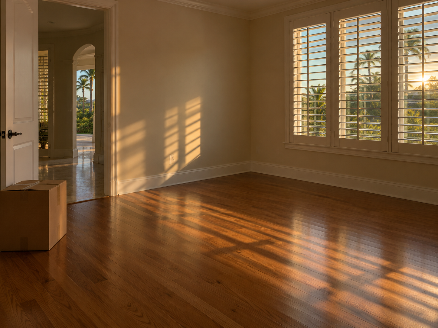 A vacant residential interior in West Palm Beach, Florida, photographed in late afternoon light filtering through closed shutters onto bare floors. The scene reflects the quiet stasis of a property caught in an unresolved divorce valuation dispute — a home between ownership states, neither sold nor settled. Produced in support of content addressing real estate valuation disagreements in Florida divorce cases and the specialist coordination required to move them forward.