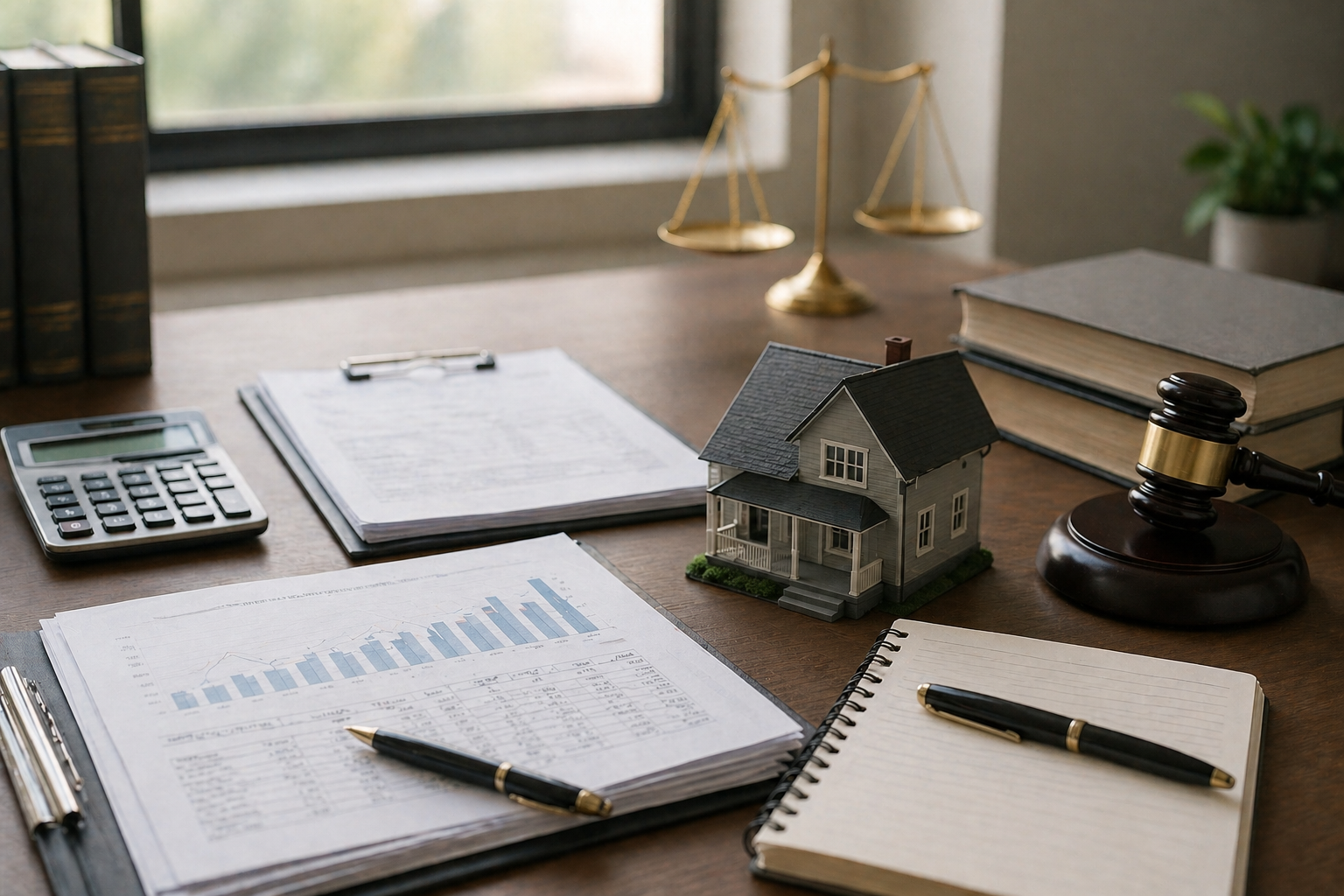 Professional office scene with house model, valuation documents, and legal elements representing pricing strategy and market positioning in a Florida divorce real estate case
