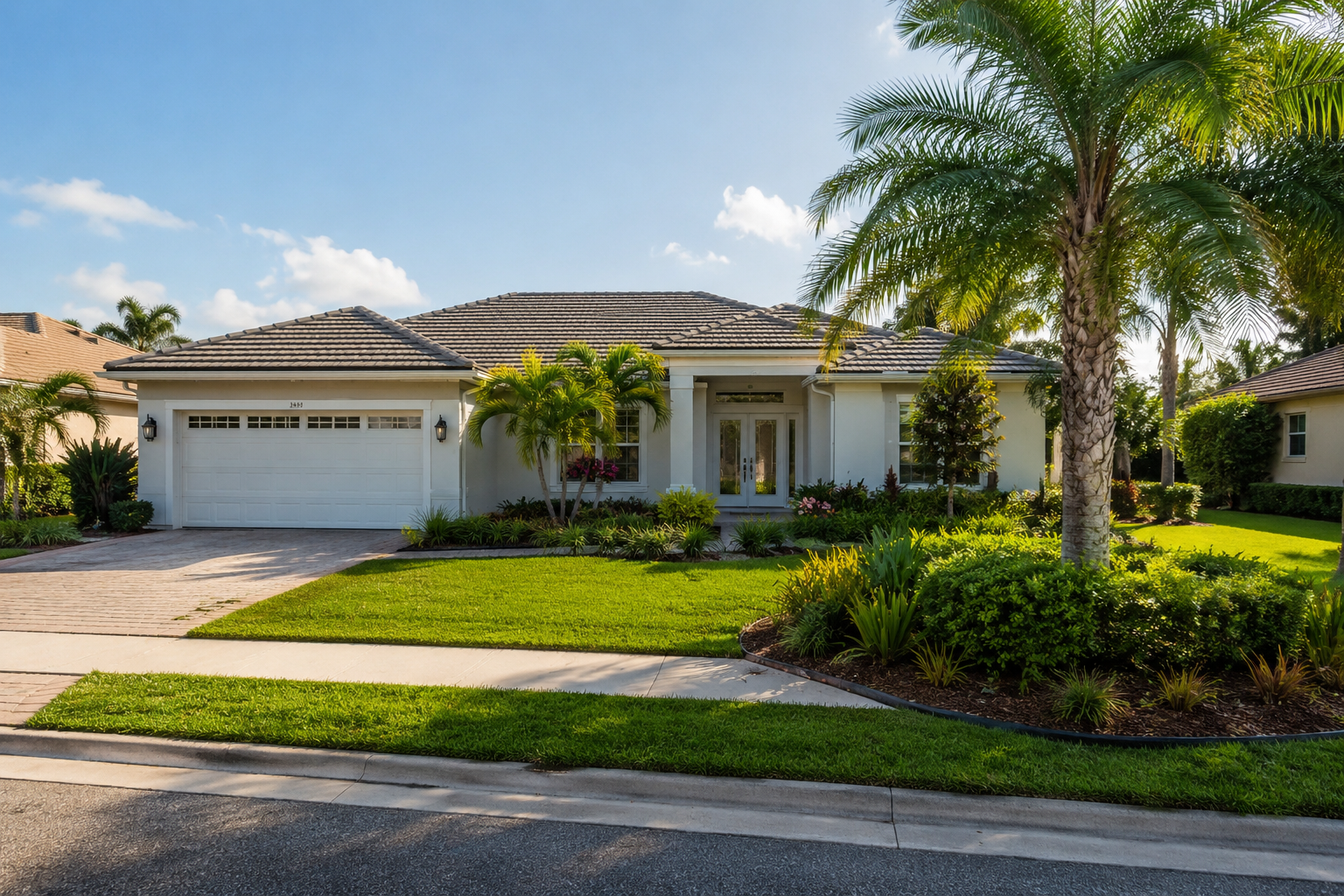 A well-maintained single-story South Florida home with palm trees, clean landscaping, and an easy-living design in a quiet Wellington neighborhood.