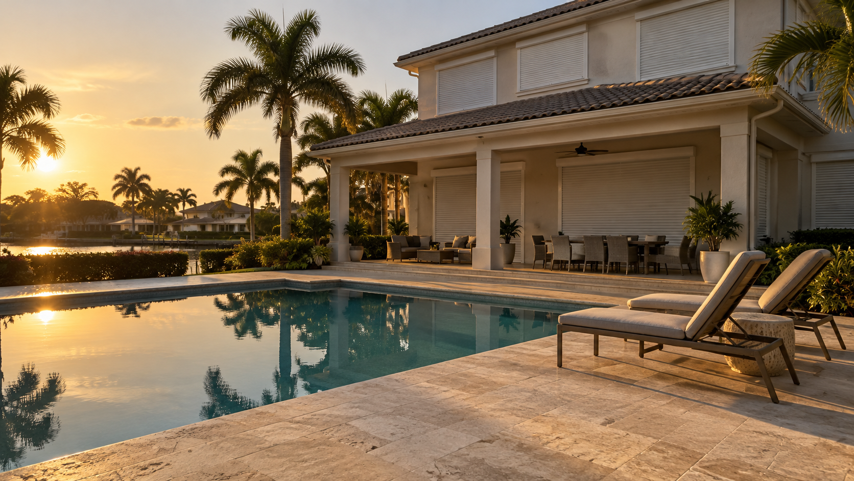 A photorealistic South Florida backyard scene capturing the quiet stillness of a large family home after children have left &mdash; an unoccupied pool, closed hurricane shutters, and long afternoon shadows conveying the transition from a full household to an underused one. Created to accompany content on empty-nester homeowner decisions and simplifying ownership in Palm Beach County.