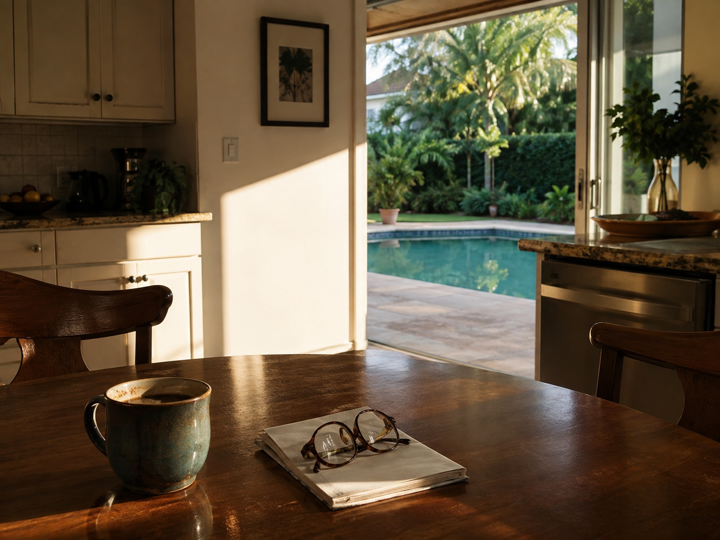 A sun-filled Boca Raton residential interior captured at late afternoon, with reading glasses resting on a folded notepad at a kitchen table and a still backyard pool visible through open sliding glass doors. The scene reflects the quiet moment of reconsideration that precedes a major homeowner transition decision in Palm Beach County — the pause before the equity conversation begins. No occupants are present; the room carries the visual weight of a decision not yet made.