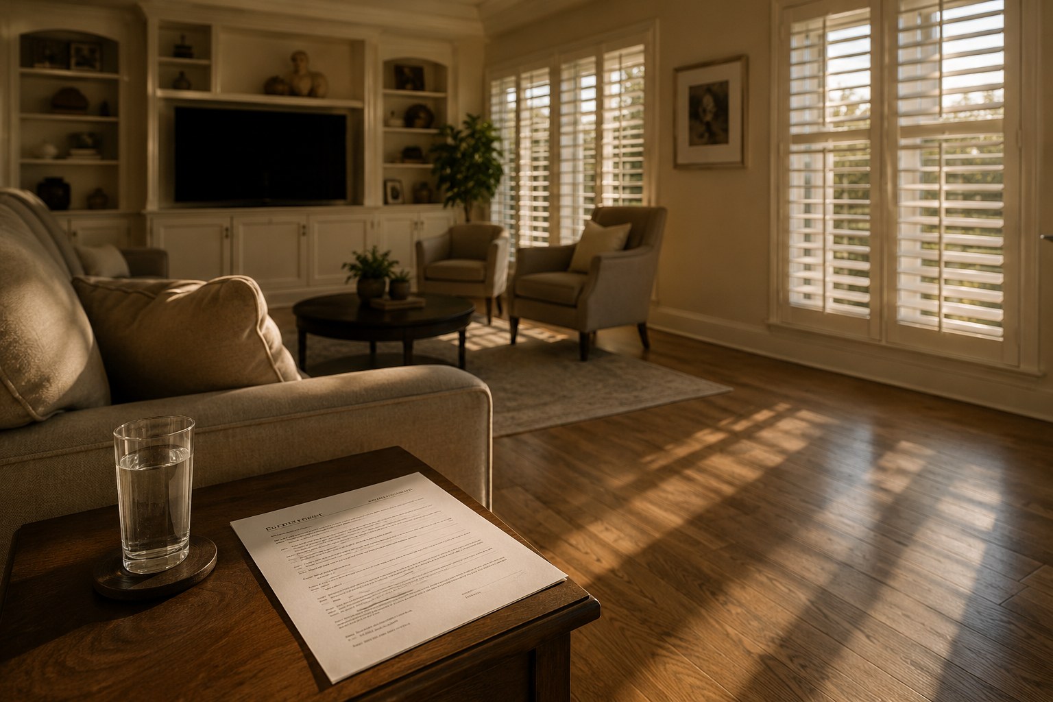 A still interior scene inside a Palm Beach Gardens home captures the behavioral tension at the center of seller strategy — financial readiness arrived, emotional readiness still forming. Soft late-afternoon light through plantation shutters illuminates a neutral living room where a document rests untouched on a side table, visually representing the alignment gap between equity position and the decision to act. The scene anchors the concept of homeowner transitions and simplification decisions specific to Palm Beach County's seller landscape.