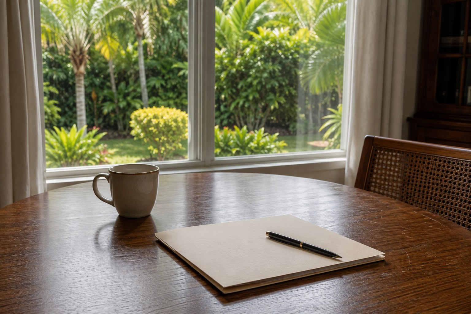 A closed folder and pen on a kitchen table in a Palm Beach County, Florida home in soft morning light. The scene accompanies an article on home equity versus liquidity, why an equity position is not a balance, the four routes out of one, and what each route asks for beyond the equity itself.