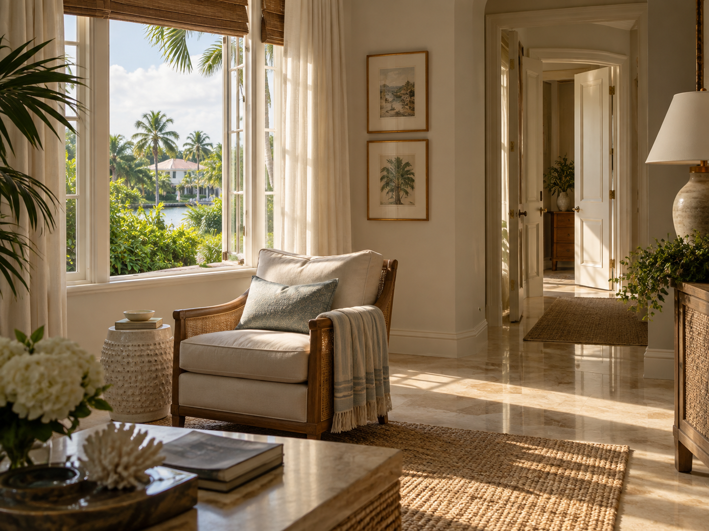 A still, sunlit interior of a Palm Beach County single-family home photographed during late afternoon — the visual quiet of a property mid-transition, used to illustrate the ownership decisions families face when determining what happens to the family home in a Florida divorce. The scene reflects the emotional weight of the homeowner transition without depicting the legal process itself. Located in Palm Beach Gardens, Florida.