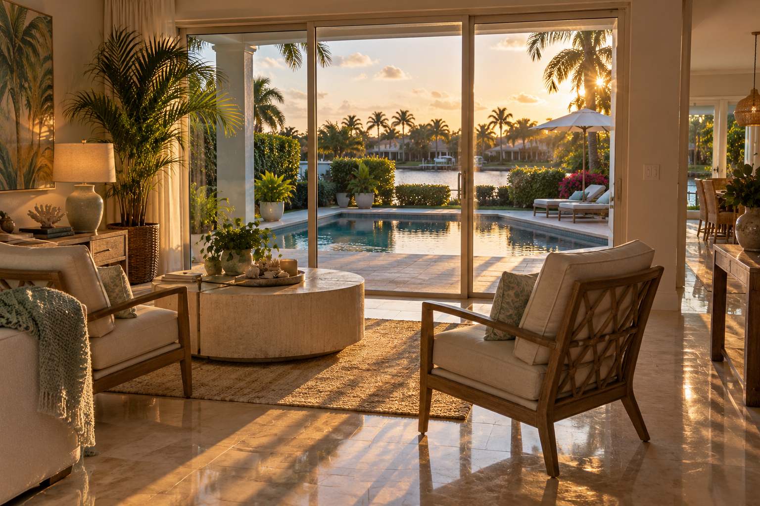 A photorealistic interior scene of a Palm Beach County home interior during late afternoon, featuring two unoccupied chairs positioned toward a glass door overlooking a still backyard pool. The image visually communicates the stillness and unresolved weight of a home in transition — created in the context of the Florida divorce real estate process, specifically the period between legal proceedings and the eventual home sale. The scene reflects the emotional register of shared ownership that has not yet been resolved, grounding the visual in the Palm Beach Gardens, Florida market.