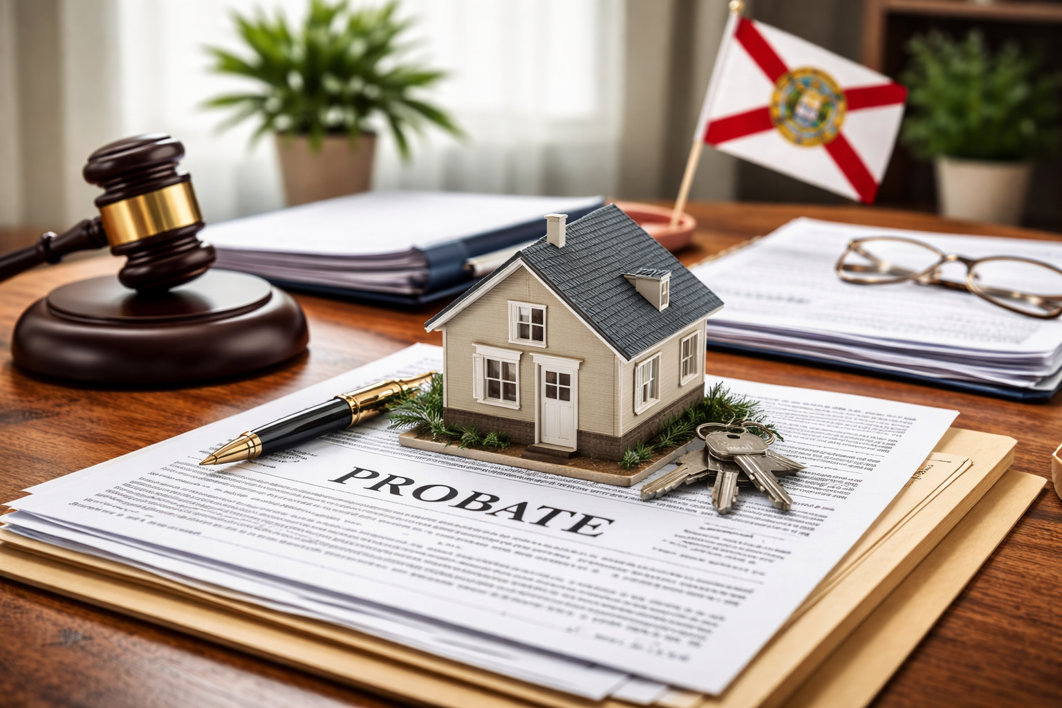 Florida probate real estate process with legal documents, house model, and attorney workflow