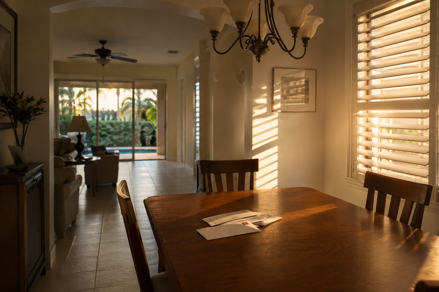 A quietly vacant residential interior in Palm Beach Gardens, Florida, photographed at late afternoon with shutters partially closed and warm directional light falling across an empty dining table. Unopened envelopes rest undisturbed on the table surface, visually signaling a property held in estate — neither cleared nor listed — representing the coordination gap between legal probate proceedings and real estate execution that specialized agent support is designed to close.