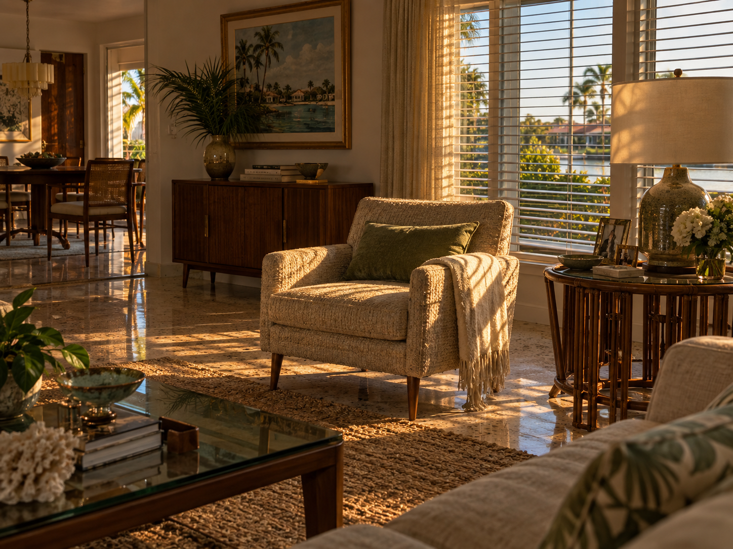 A softly lit interior of a Palm Beach County residential property during late afternoon, capturing the stillness of a home mid-probate transition — personal effects undisturbed, blinds partially drawn, the scene reflecting the extended timelines and unresolved ownership status common in Florida formal estate administration. The image supports content addressing why Florida probate takes longer than heirs expect, with particular relevance to inherited property situations in Palm Beach County.
