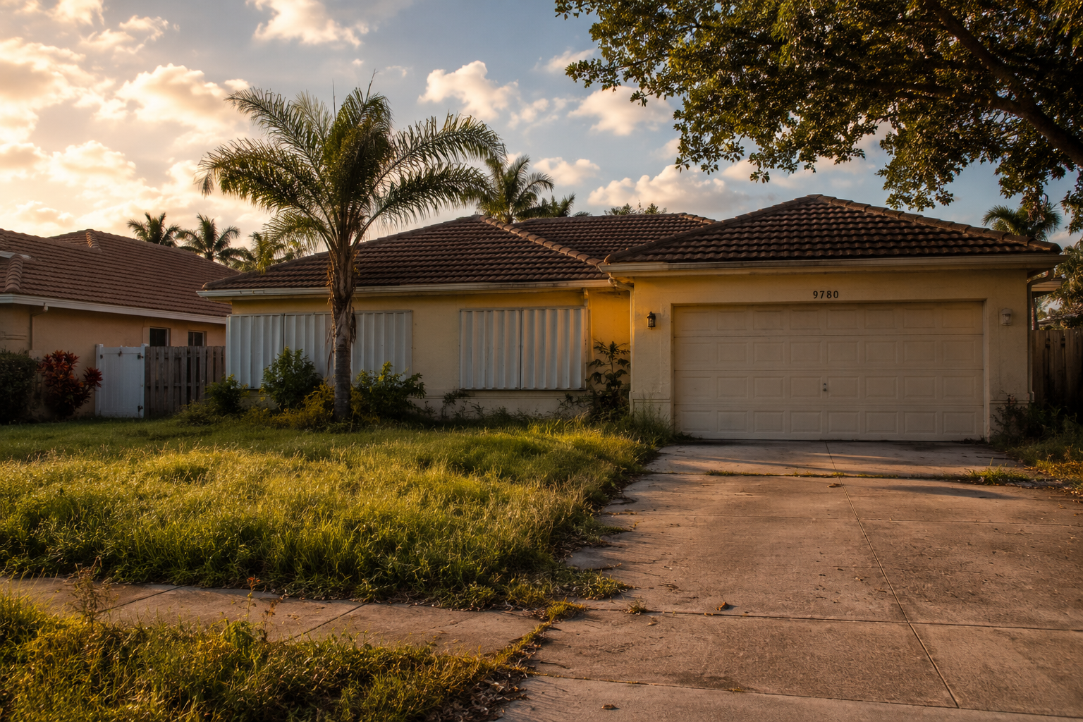 An unoccupied residential property in West Palm Beach, Florida, photographed in late afternoon with closed hurricane shutters and an empty driveway, visually representing the coordination pressure Florida probate timelines create for estate real estate planning. The image supports content addressing how attorneys can align real estate case strategy with Florida probate procedural calendars. Relevant to Palm Beach County probate real estate attorney strategy and estate property coordination