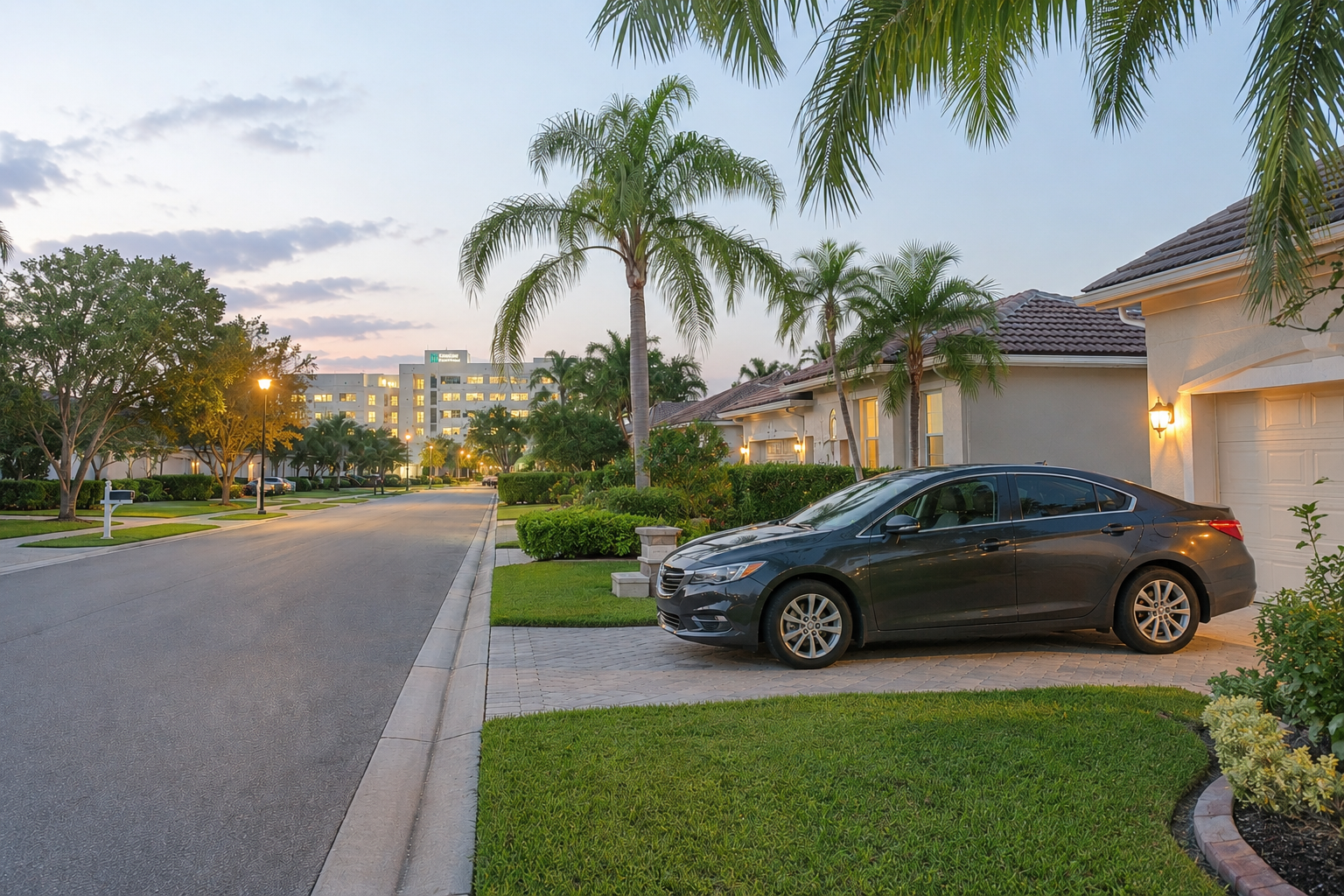 A pre-dawn residential street in Palm Beach Gardens, Florida, with soft early light and a visible hospital campus in the background, illustrating the commute proximity decisions that shape home buying choices for healthcare professionals in Palm Beach County. The scene captures the quiet tension of shift-schedule life and the geographic considerations unique to healthcare relocation in this market