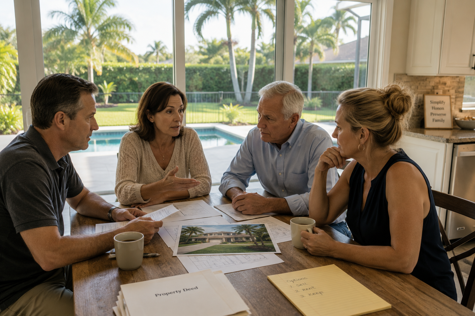 A still interior scene inside a traditional Florida home in Wellington, Palm Beach County — late afternoon light crossing an empty hallway, a closed interior door, and the quiet visual texture of a property between owners. The image reflects the emotional register of inherited property and heir transitions in Palm Beach County probate situations, where the home carries unfinished meaning before simplifying ownership decisions can move forward.