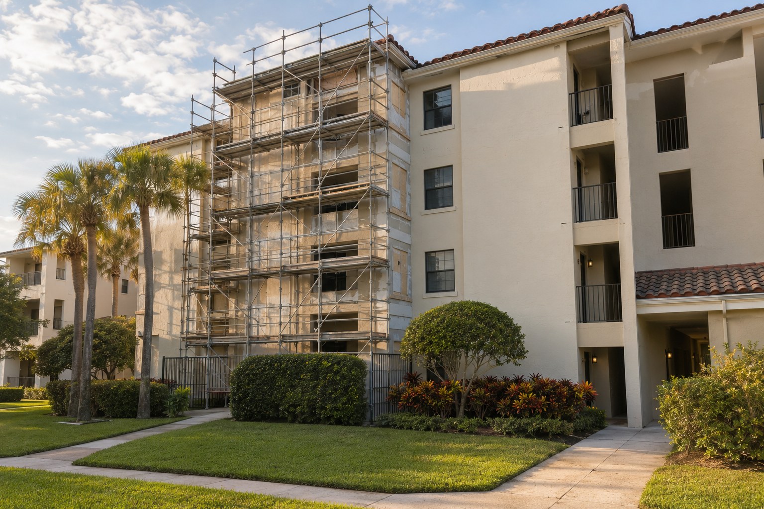 An association-governed residential building in Palm Beach County, Florida undergoing scheduled exterior work, with scaffolding against a single elevation. The scene accompanies an article explaining what an HOA or condominium reserve study tells an owner: component inventory, remaining useful life, replacement cost and how far the fund sits from full.