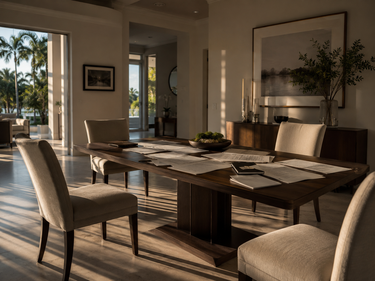 A sunlit but empty South Florida dining room with documents spread across the table and two vacant chairs, evoking the financial and emotional weight of dividing home equity during a Florida divorce. The scene reflects the moment between assumption and resolution that defines many Palm Beach County homeowner transitions involving shared property. Captured in West Palm Beach, Florida, where divorce real estate transactions frequently involve this gap between expected and actual equity distribution.