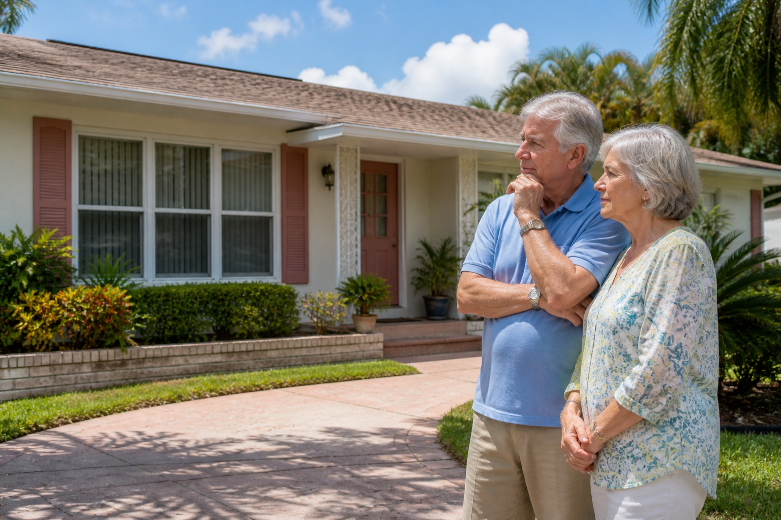 South Florida homeowner looking at a house needing upkeep showing signs your home feels like too much work and ongoing maintenance fatigue