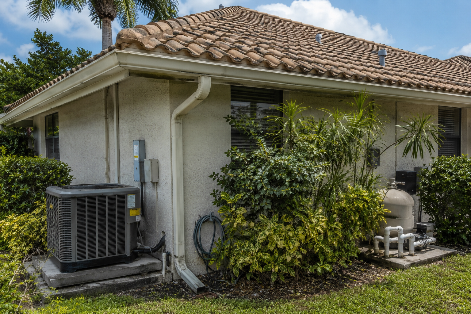 Roofline and exterior mechanical systems of an established Palm Beach County home, supporting a blog on projecting forward maintenance obligation from installation dates and permit history.