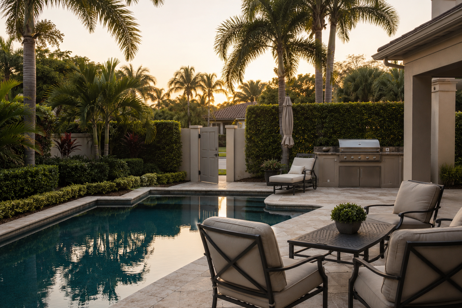 A photorealistic South Florida residential backyard in Palm Beach Gardens, late afternoon light catching the surface of an undisturbed pool, outdoor seating unused, a service gate open in the background suggesting recent contractor access. The scene captures the quiet accumulation of home maintenance demands experienced by long-term Palm Beach County homeowners navigating ownership fatigue and simplification decisions in retirement.