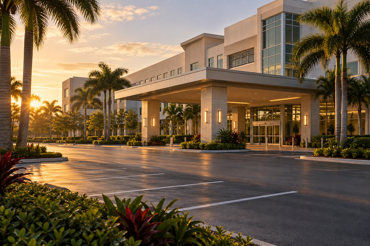 Early morning exterior of a modern medical facility in West Palm Beach, Florida, with soft light across the entrance and an empty parking lot. The image reflects the growing presence of major healthcare institutions in Palm Beach County and the real estate demand patterns their expansion creates. Captured in a photorealistic South Florida register consistent with institutional growth and high-income professional relocation activity in the region.