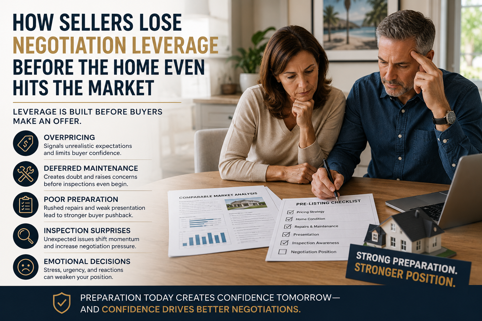Palm Beach County seller strategy image focused on pricing alignment, deferred maintenance, preparation quality, inspection awareness, and negotiation confidence before listing a home for sale.