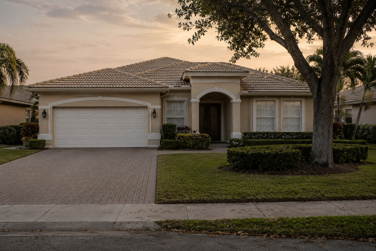 A photorealistic exterior of a well-maintained residential home in West Palm Beach, Florida, captured in the low, flat light of late afternoon. The closed shutters, empty driveway, and absence of activity reflect the transitional stillness common to inherited properties navigating Florida's probate process. The image is intended to accompany content about what happens to a Palm Beach County home when an owner passes away and families face the earliest decisions of the estate process