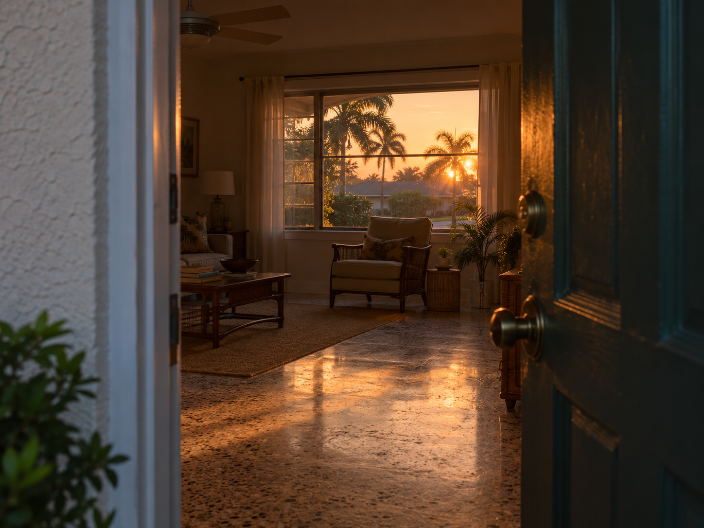 A photorealistic dusk interior scene of a still, largely untouched living room in a single-story West Palm Beach home, viewed through a half-open front door. The image accompanies content about the emotional and procedural challenges families face when selling inherited property in Palm Beach County, Florida. Warm amber light and the quiet vacancy of the room reflect the weight of homeowner transitions involving inherited real estate.