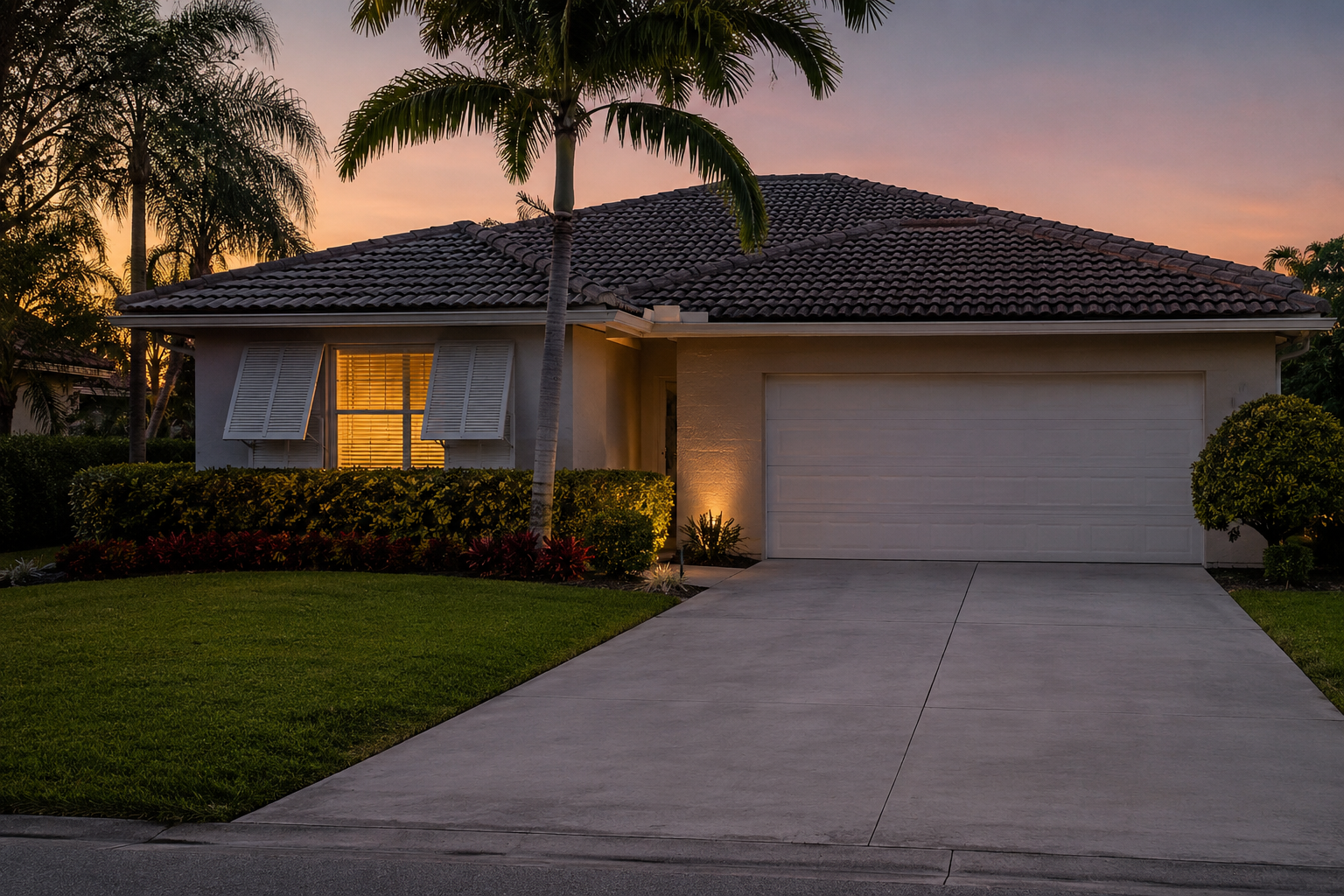 A photorealistic late-afternoon exterior of a maintained single-story home in West Palm Beach, Florida, with partially closed storm shutters and an empty driveway. The scene reflects the quiet tension of a homeowner weighing rising insurance costs against the decision to sell — a pattern increasingly common across Palm Beach County homeowner transitions. The image is intended to accompany content addressing how insurance premiums are reshaping seller strategy conversations in the South Florida market.