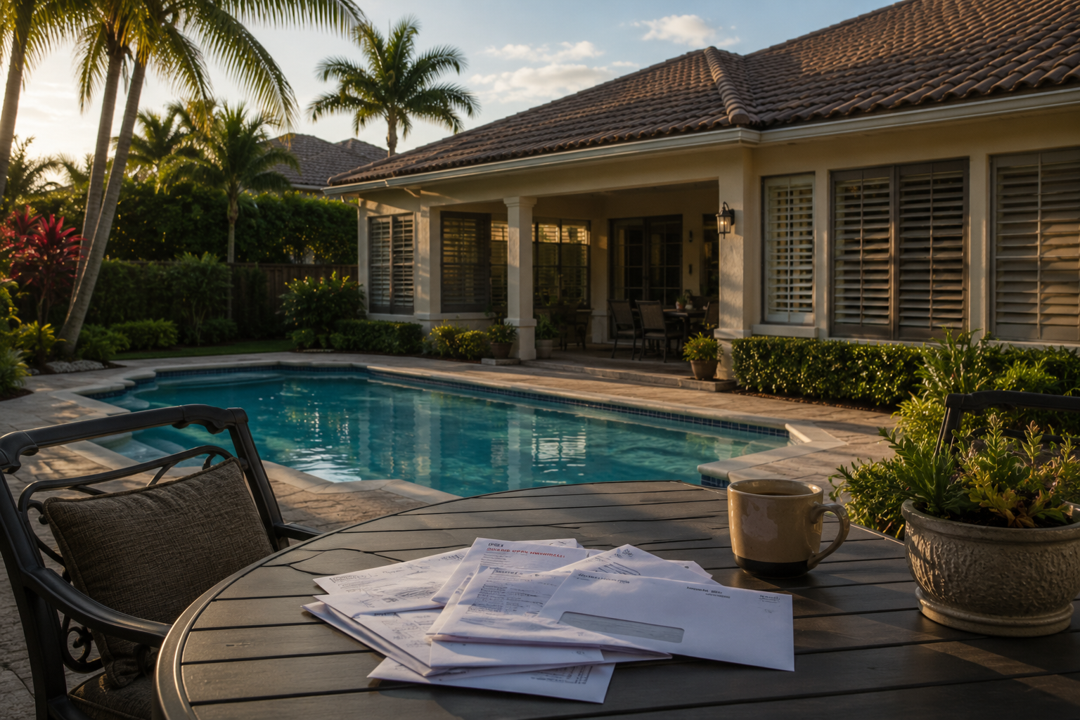 A photorealistic late-afternoon scene of a Palm Beach Gardens residential backyard, featuring a calm pool surface, closed screen enclosure, and aging pavers under extended golden shadows. The image visually represents the ownership sustainability themes explored in The Kull Group's content on rising insurance, HOA, and maintenance cost convergence in South Florida. The quiet, occupied-but-unused quality of the scene reflects the emotional register of ownership fatigue building without a visible trigger.