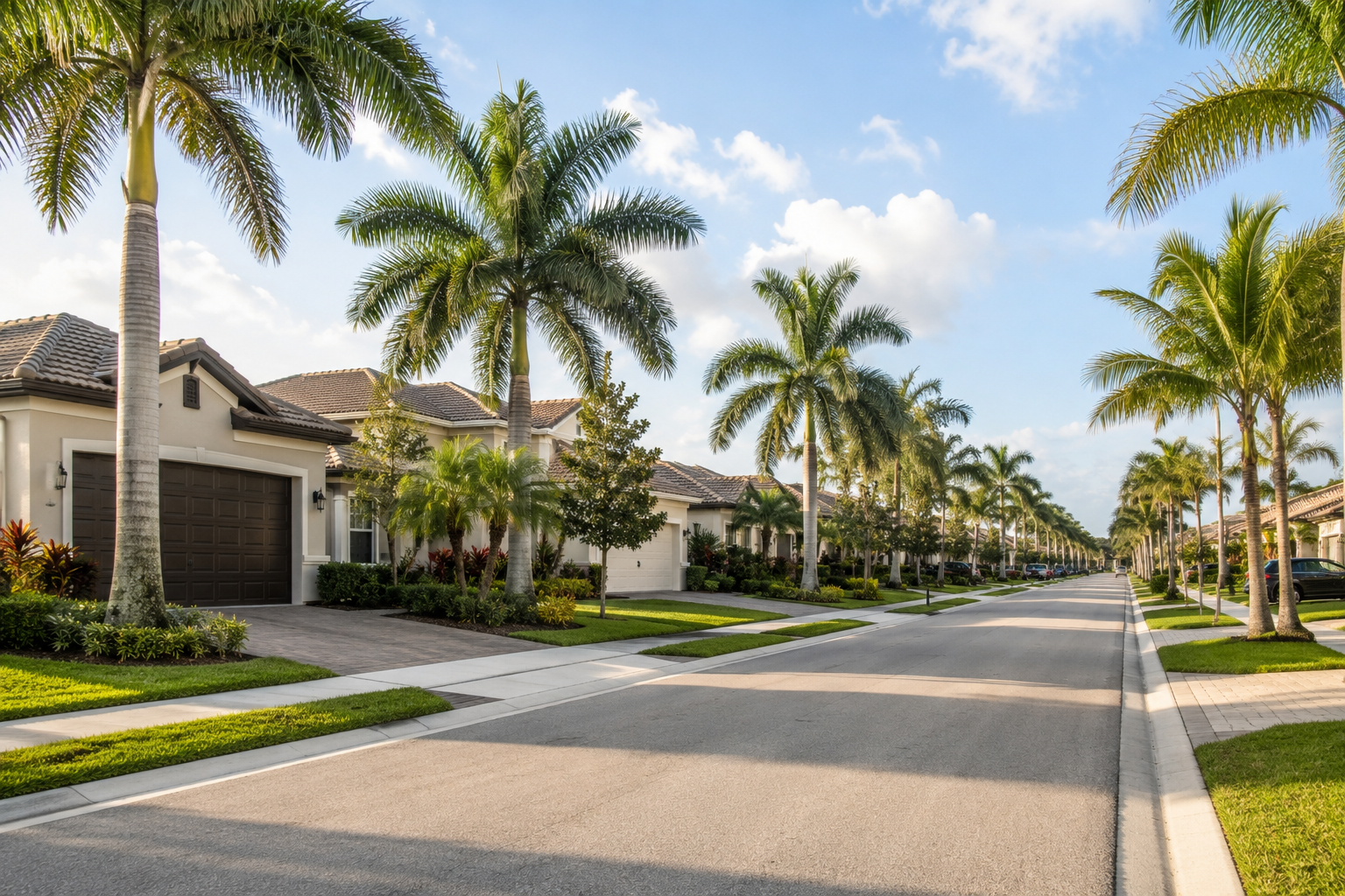 Quiet Lake Worth Florida street with older homes, mature palm trees, sidewalks, and warm South Florida afternoon light.