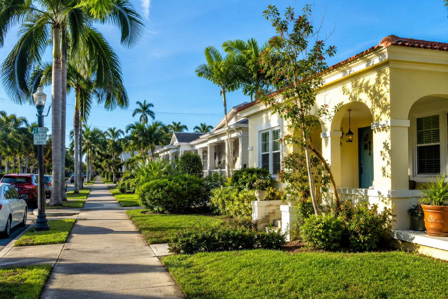 Older Lake Worth Florida homes with palm trees, sidewalks, mature landscaping, and bright natural daylight in a residential neighborhood.