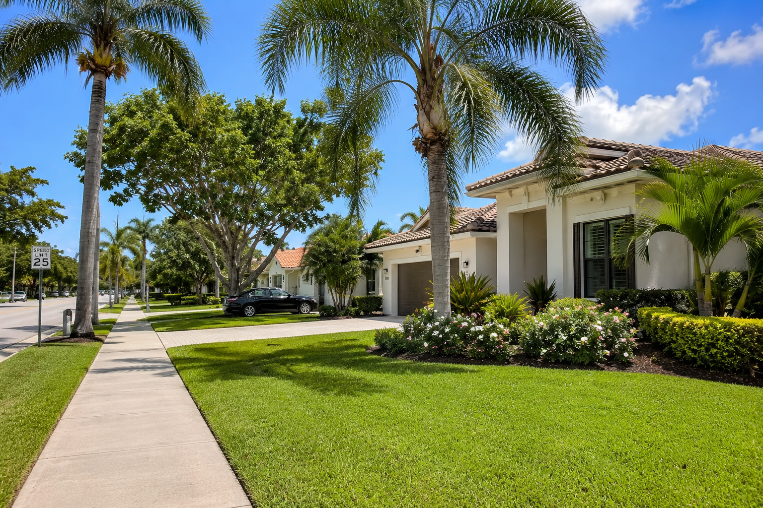 Palm-lined residential street in Lake Worth Florida with manicured landscaping and a well-kept South Florida home in bright daylight.