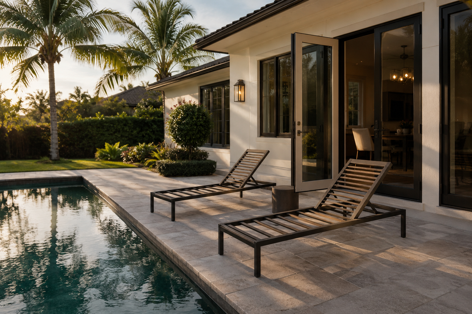 Sun-faded back patio in Palm Beach Gardens with still pool and empty lounge chairs in late afternoon light, suggesting ownership transition.