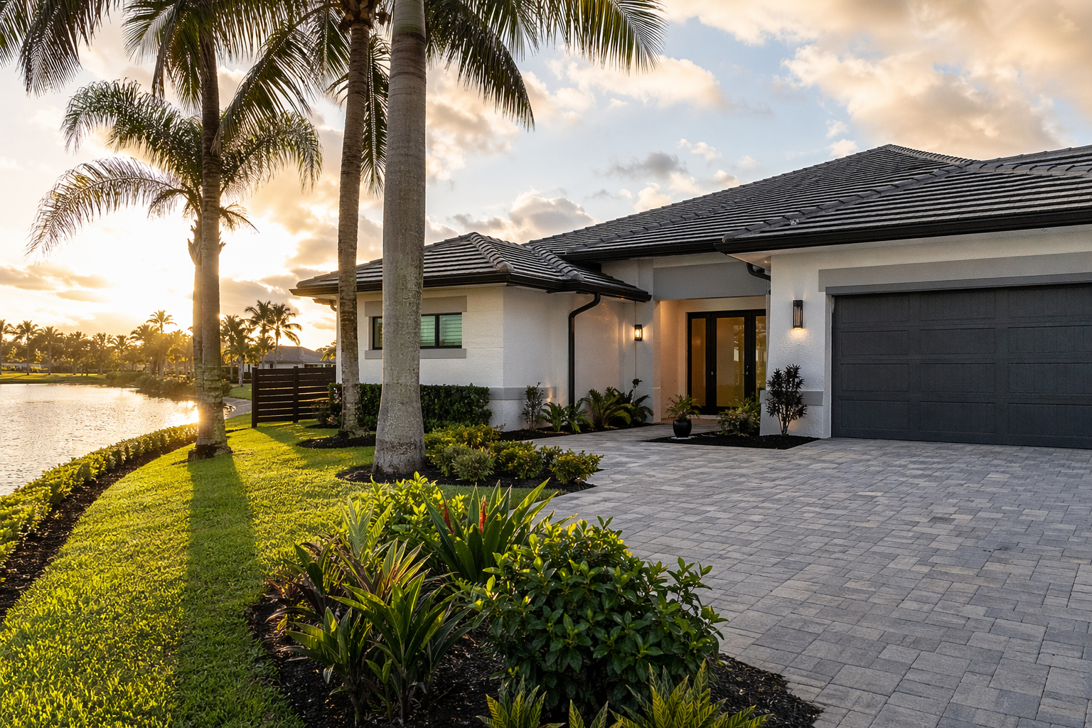 A modern low maintenance home in South Florida with clean landscaping and simple design reflecting an easier lifestyle